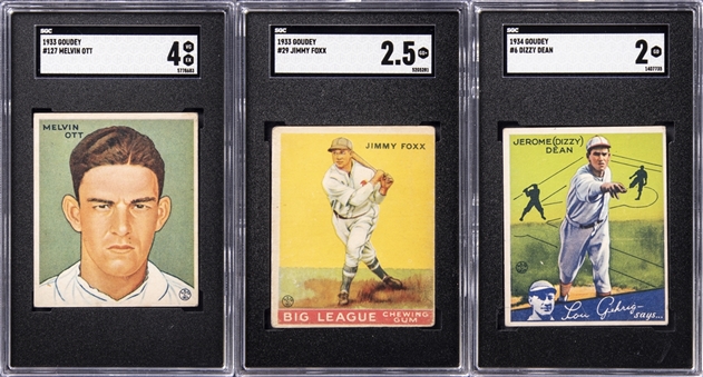 1933 and 1934 Goudey Hall of Famers SGC-Graded Trio (3 Different) – Including Foxx, Dean and Ott